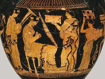 Η νύφη παίζει την τριγωνική άρπα ανάμεσα σε φίλες της. Γαμικός λέβης, γύρω στο 430 π.Χ. Μητροπολιτικό Μουσείο Νέας Υόρκης.