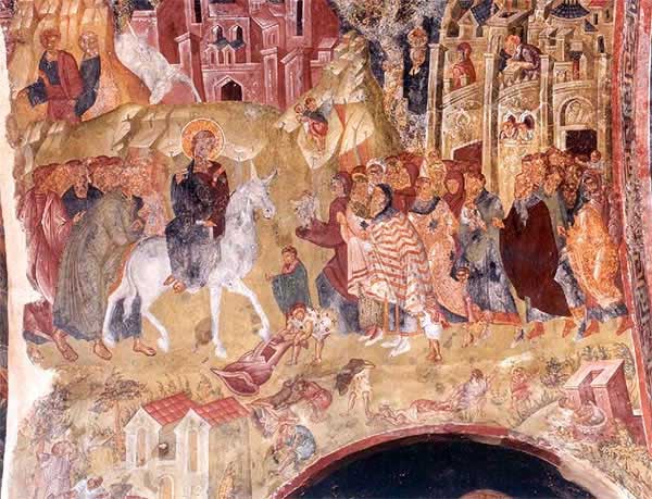 Βαϊοφόρος, τοιχογραφία, 1428, Παντάνασσα, Μυστράς.
