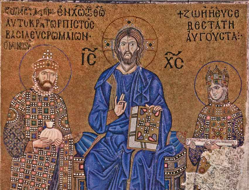 Ο αυτοκράτορας Κωνσταντίνος Θ’ ο Μονομάχος και η αυτοκράτειρα Ζωή. Ψηφιδωτό στην Αγία Σοφία, Κωνσταντινούπολη.