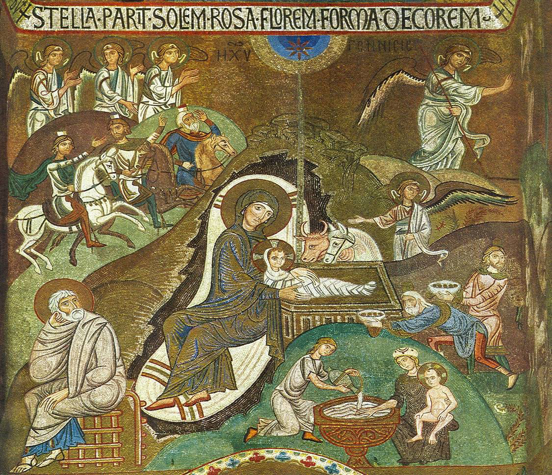 Εικ. 9. Σικελία, Παλέρμο. Καπέλλα Παλατίνα, ψηφιδωτό. Γέννηση του Χριστού (1142-1143 μ.Χ.). 