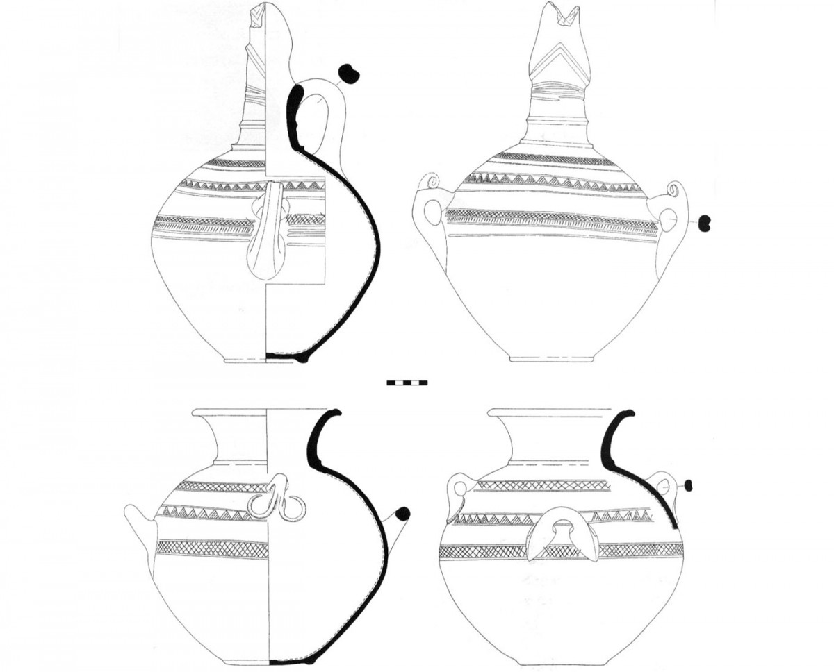 Εικ. 32. Σχεδιαστική απόδοση ερυθρεπίχριστων αγγείων με εγχάρακτο διάκοσμο της Μέσης Χαλκοκρατίας (Τομή 3).