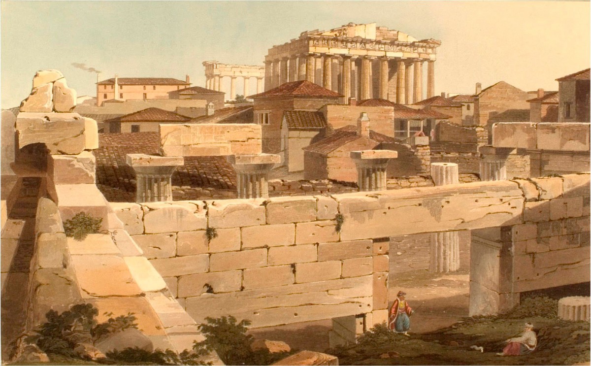 Ο Παρθενώνας από τα Προπύλαια. Έργο του Edward Dodwell στο «Views in Greece», Λονδίνο 1821.