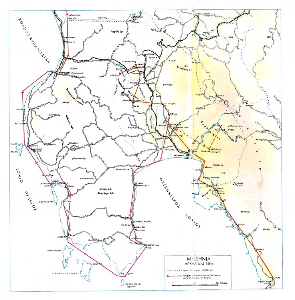 Εικ. 1. Χάρτης της Μεσσηνίας με σημειωμένη τη θέση της αρχαίας Θουρίας.
