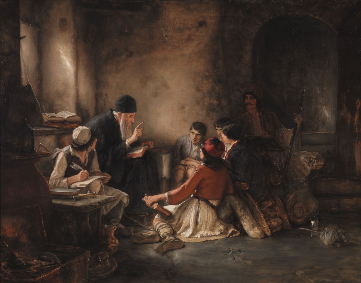 Νικόλαος Γύζης, «Κρυφό Σχολειό», 1885-86. Λάδι σε ξύλο, 58x74 εκ. Συλλογή Εμφιετζόγλου.