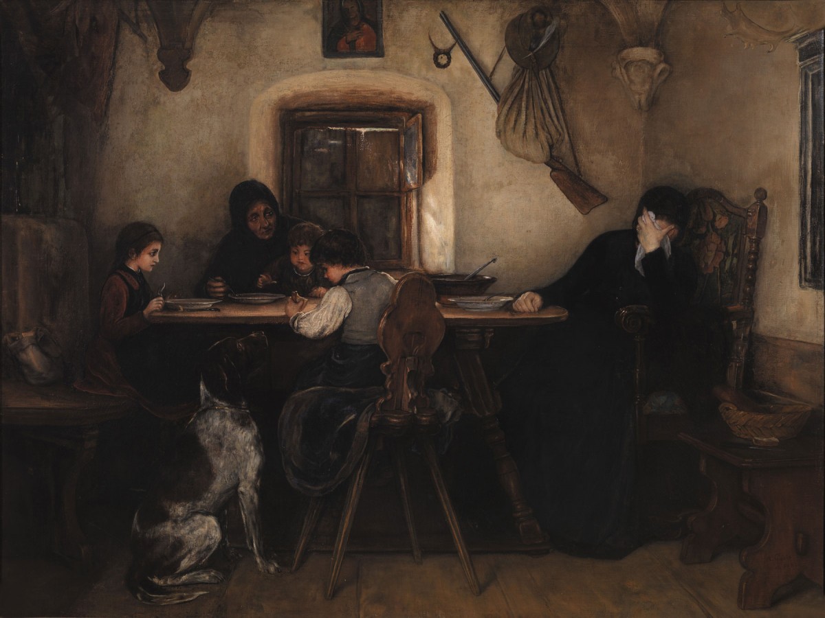 Νικόλαος Γύζης, «Θρήνος στο σπίτι του δασοφύλακα», 1880. Λάδι σε μουσαμά, 94,5x123 εκ. Ιδιωτική Συλλογή.
