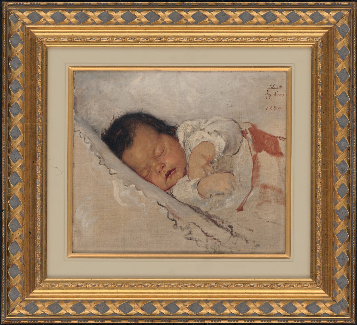 Νικόλαος Γύζης, «Το δεύτερο παιδί (Μαργαρίτα-Πηνελόπη)», 1879. Λάδι σε μουσαμά, 28,7x33,7 εκ. Συλλογή Δημοτικής Πινακοθήκης Θεσσαλονίκης.
