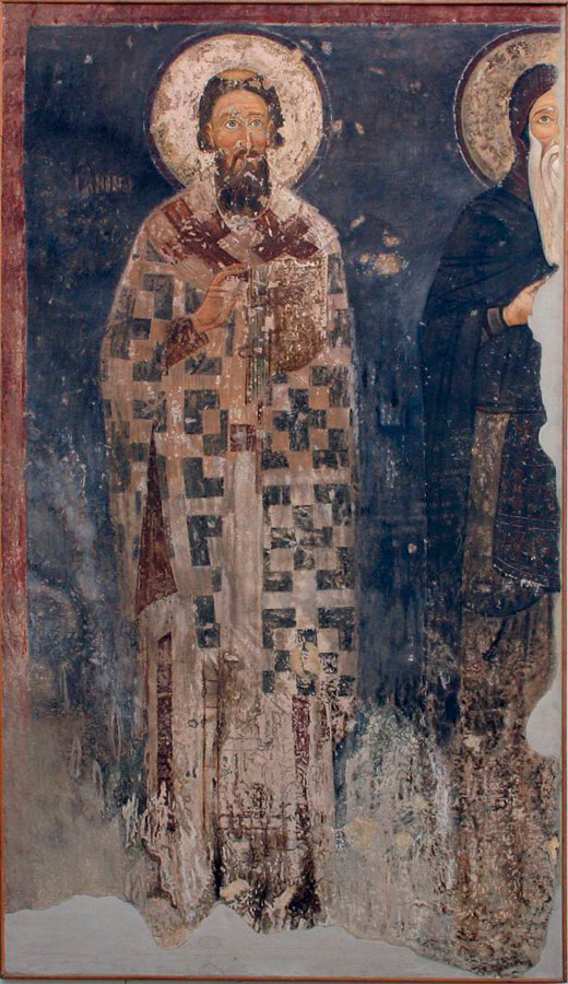 Ο άγιος Σάββας και ο Συμεών Νεμάνια. Μονή της Μιλέσεβα, περί το 1223. Αντίγραφο τοιχογραφίας, τέμπερα καζεΐνης σε καμβά. Έργο του Naum Andrić (15.12.1965). ΝΜΒ, Inv. No. 852.