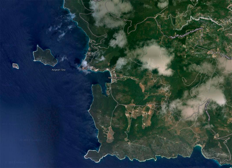Άγνωστη αρχαιολογική θέση ήρθε στο φως στη διάρκεια εργασιών κατασκευής της λιμνοδεξαμενής του Πανόρμου στη Σκόπελο (φωτ. Google Earth).