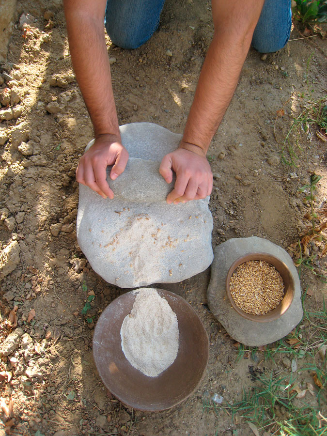 Άλεσμα σιτηρών με λίθινο τριβείο και τριπτήρα (φωτ. Ερευνητικό Πρόγραμμα Νεολιθικού Οικισμού Αυγής Καστοριάς).