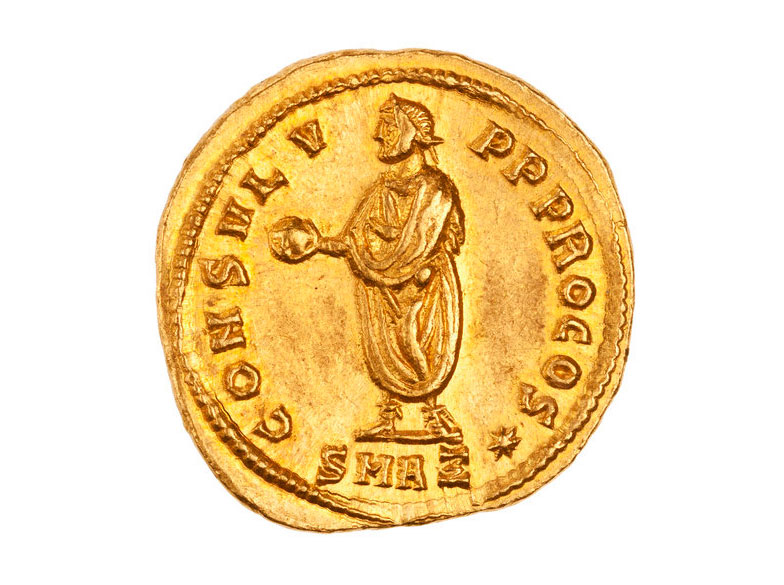 Ρωμαϊκό νόμισμα του 3ου αι. που δείχνει τον αυτοκράτορα Διοκλητιανό να κρατάει μια υδρόγειο σφαίρα, σύμβολο ισχύος. Αμερικανική Νομισματική Εταιρεία.