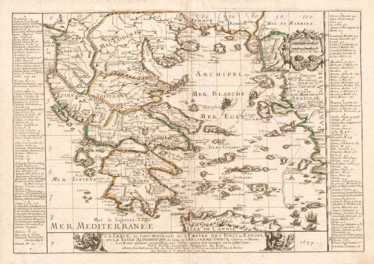 Pierre du Val (1619-1683), «Χάρτης της Ελλάδας», Παρίσι, 1674, επιχρωματισμένη χαλκογραφία, 37x54 εκ. Συλλογή Π.Ν. Σουκάκου.