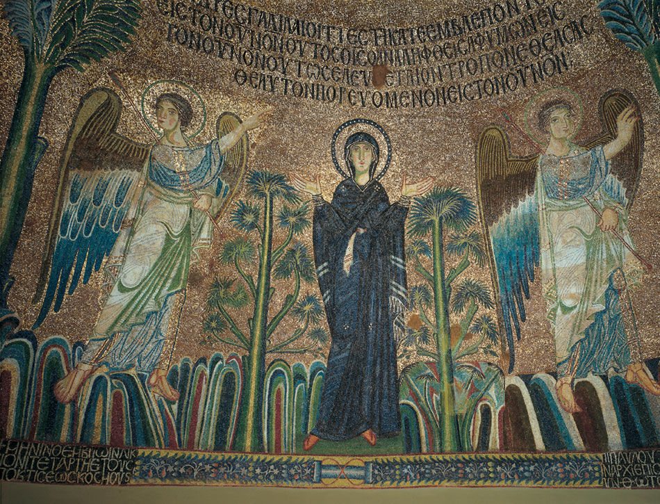 Αγία Σοφία, τρούλος, ψηφιδωτό Ανάληψης. Tέλη 9ου αι. (πηγή εικόνας: Μουσείο Βυζαντινού Πολιτισμού).