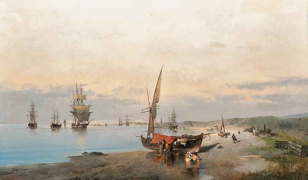 «Πλοία κοντά στην ακτή», έργο του Κωνσταντίνου Βολανάκη. Λεβέντειος Πινακοθήκη, Λευκωσία.