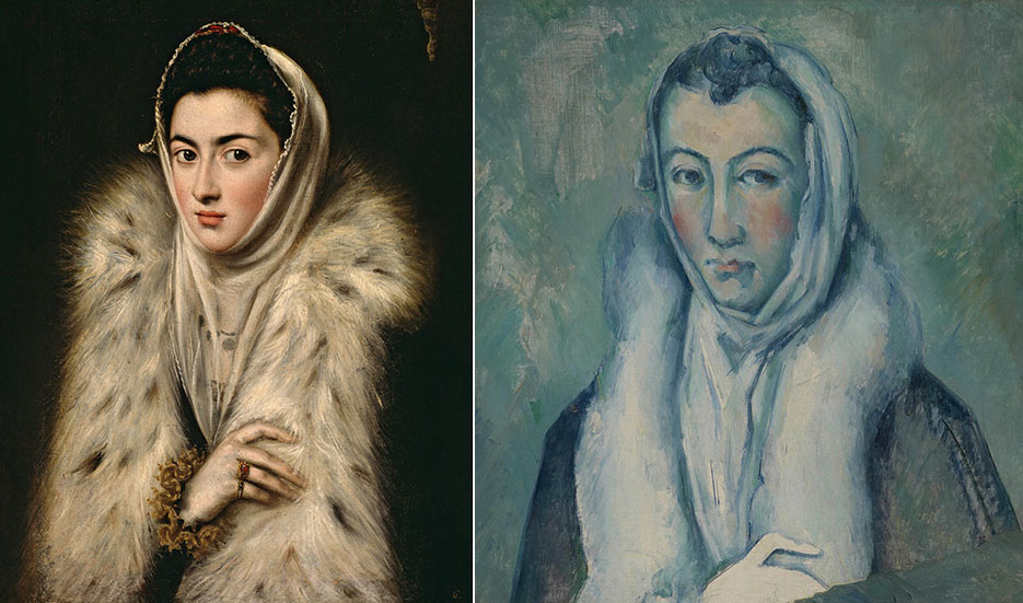 Αριστερά: Ελ Γκρέκο, «Η γυναίκα με την ερμίνα», 1577-1579, Μουσεία της Γλασκώβης. Δεξιά: Πολ Σεζάν, Η γυναίκα με την ερμίνα», 1885-1886, Ιδιωτική συλλογή, Λονδίνο.