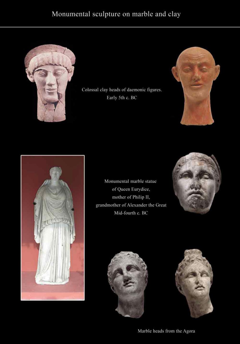 Δείγματα μνημειακής πλαστικής από τον αρχαιολογικό χώρο της Βεργίνας-Αιγών, μεταξύ των οποίων ξεχωρίζει το μαρμάρινο άγαλμα που ανέθεσε η βασίλισσα Ευρυδίκη, μητέρα του Φιλίππου Β’, στη θεότητα Εύκλεια.