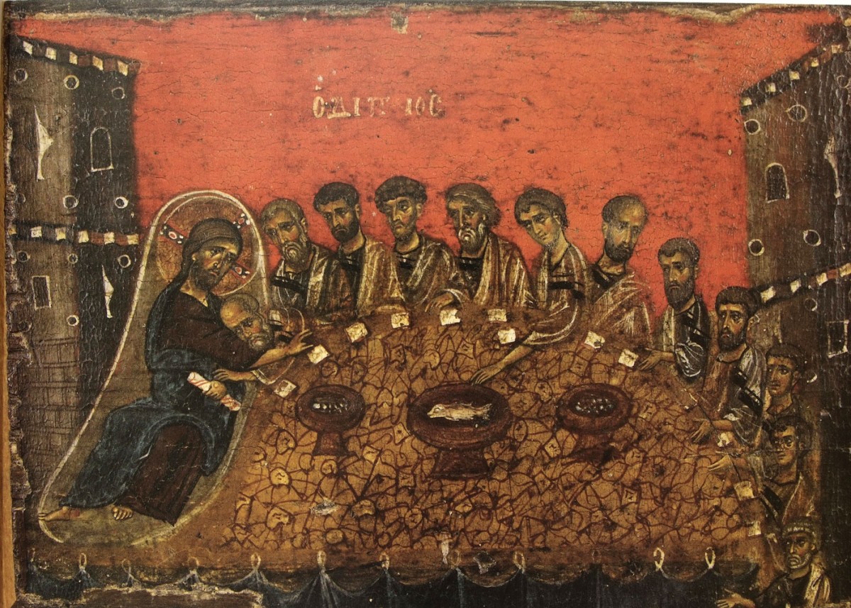 Εικ. 6. «Ο Δείπνος»: Ο Χριστός σε ανάκλιντρο και δίπλα του ο αγαπημένος του μαθητής, ο  Ιωάννης. Ο Ιούδας στη μέση του ομίλου των  μαθητών, απλώνει το χέρι του στο σκουτέλλι με το ψάρι (εικόνα του 12ου αι. από τη Μονή Βατοπεδίου), Τσιγαρίδας/Λοβέρδου-Τσιγαρίδα (2006), σ. 71.
