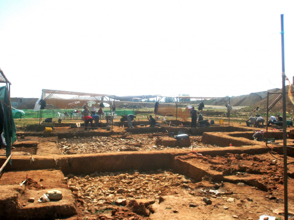 Εικ. 6: Άποψη του Τομέα 3 της ανασκαφής, στο ανατολικό βάθρο του α/κ Κορομηλιάς, 19 Σεπτεμβρίου 2014: διακρίνονται καμένοι πηλοί κατασκευών και το εκτεταμένο στρώμα κροκαλών από πλημμυρικό επεισόδιο πριν από τη νεολιθική χρήση της θέσης. Λήψη από Β (φωτ. ΚΘ’ ΕΠΚΑ).