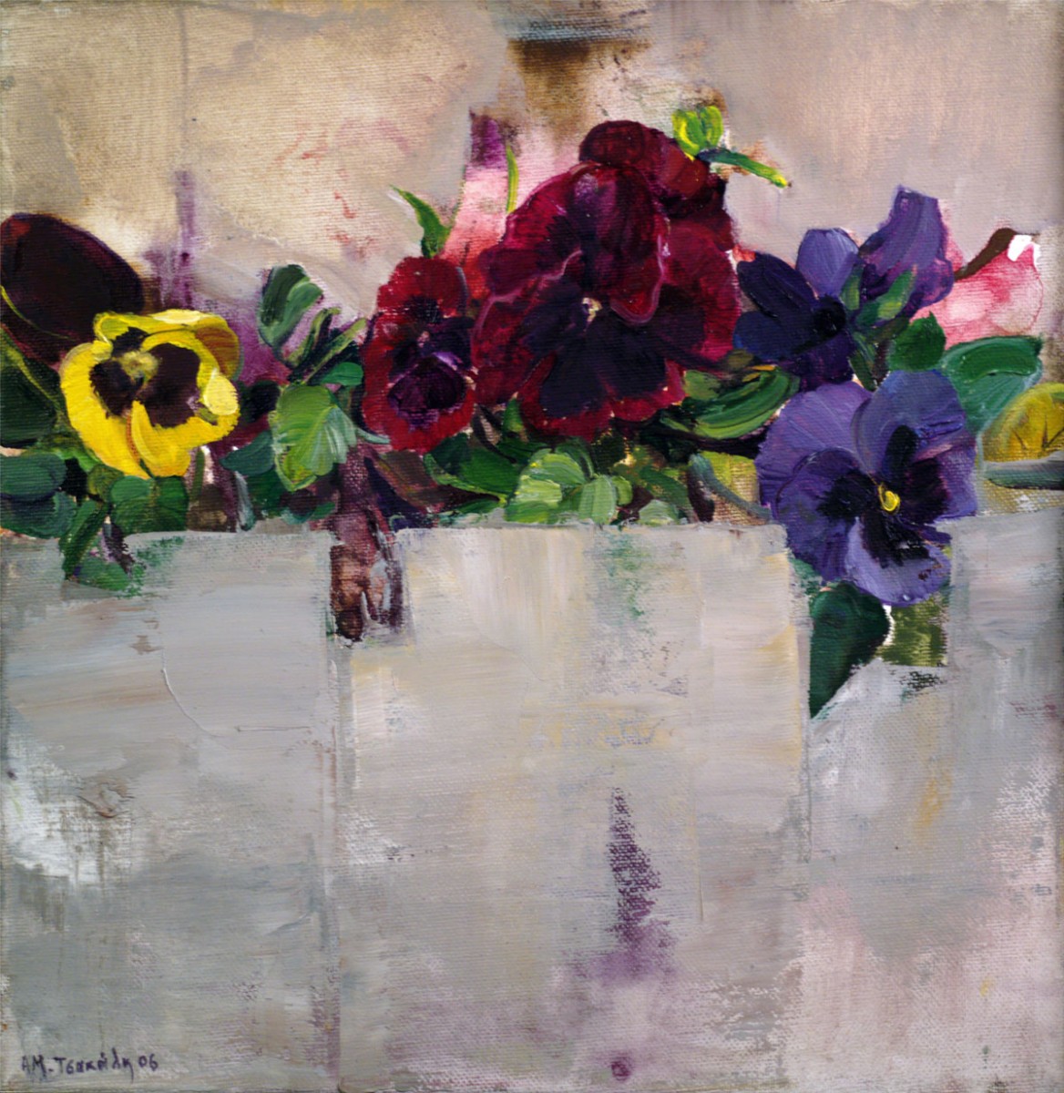 Άννα Μαρία Τσακάλη, «Πανσέδες σε παρτέρι ΙΙ», 2006, βινυλικό και λάδι σε μουσαμά, 30x30 εκ. Συλλογή Σωτήρη Φέλιου.