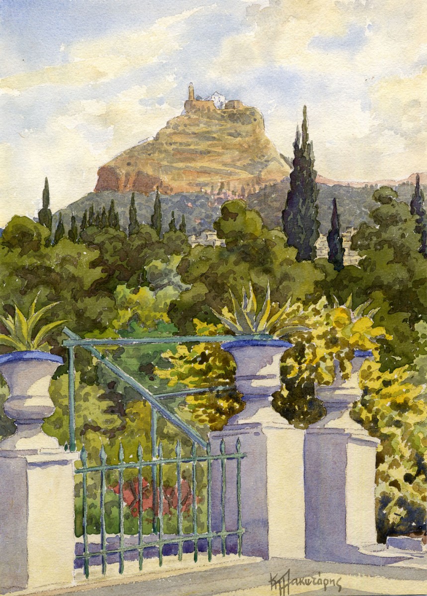 Κώστας Πλακωτάρης, Λυκαβηττός, υδατογραφία σε χαρτί. Δημοτική Πινακοθήκη Αθηνών.