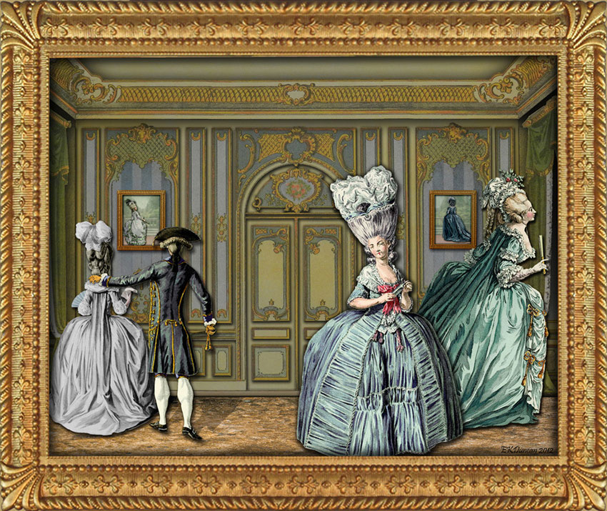 Ψηφιακή σκηνή που τοποθετεί γαλλικά φιγουρίνια του 18ου αιώνα σε σκηνικό της εποχής.