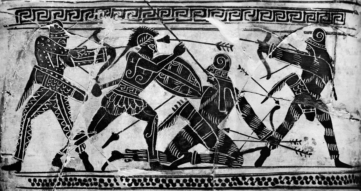 Σκηνή μάχης με Έλληνα οπλίτη και Πέρσες πολεμιστές. Λεπτομέρεια από αττική μελανόμορφη λήκυθο, 490 π.Χ. Εθνικό Αρχαιολογικό Μουσείο, Αθήνα.
