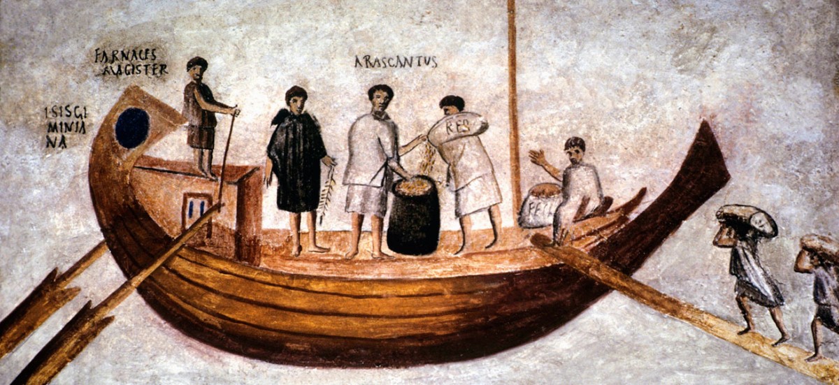 Εμπορικό πλοίο κατά τη διαδικασία της φόρτωσης. Τοιχογραφία από τη νεκρόπολη της Όστιας [Βατικανό, 2ος-3ος αι. μ.Χ.] ©GALLO IMAGES / GETTY IMAGES / DEAL IMAGE.
