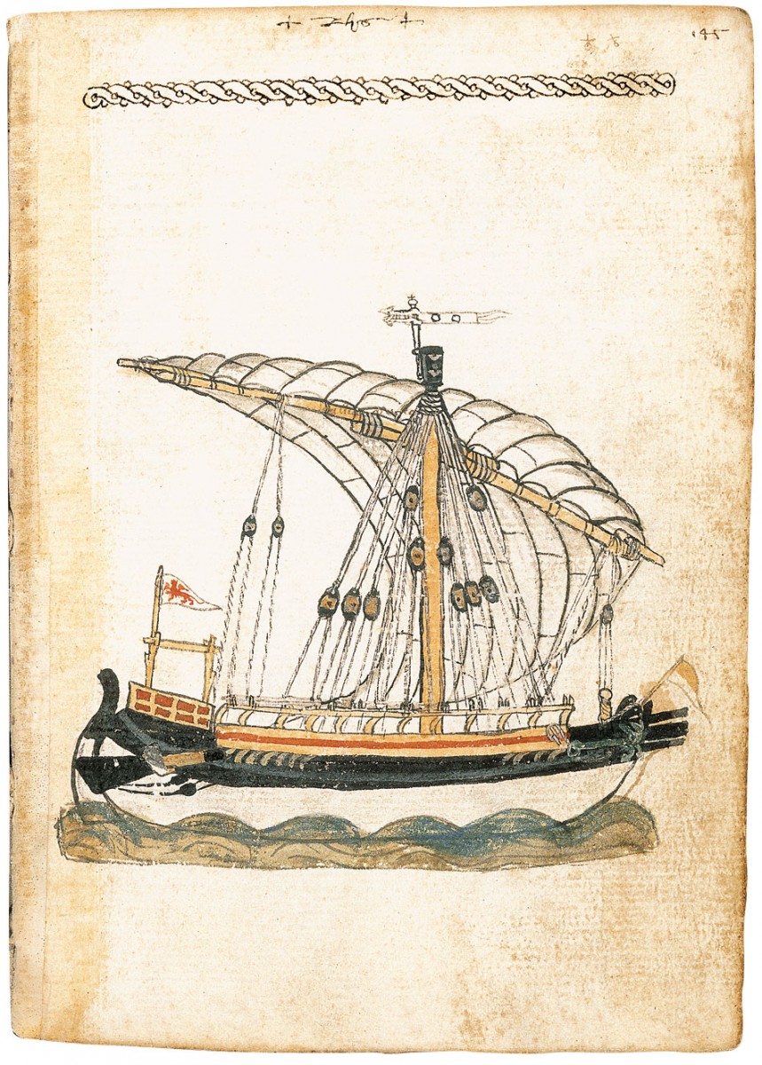 Απεικόνιση γαλέρας της Φλάνδρας εν πλω με ανοιγμένο πανί, από το χειρόγραφο του Μιχαήλ της Ρόδου. ©MS.Cotton Titus A, XXVI, fol.48v, British Museum Library.