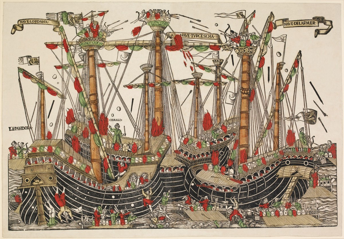 Παράσταση της Μάχης του Zonchio, στο ακρωτήριο Κορυφάσιο, έξω από την Πύλο, μεταξύ Οθωμανών και Βενετών (1499) από ξυλογραφία άγνωστου Βενετού χαράκτη. ©British Museum.