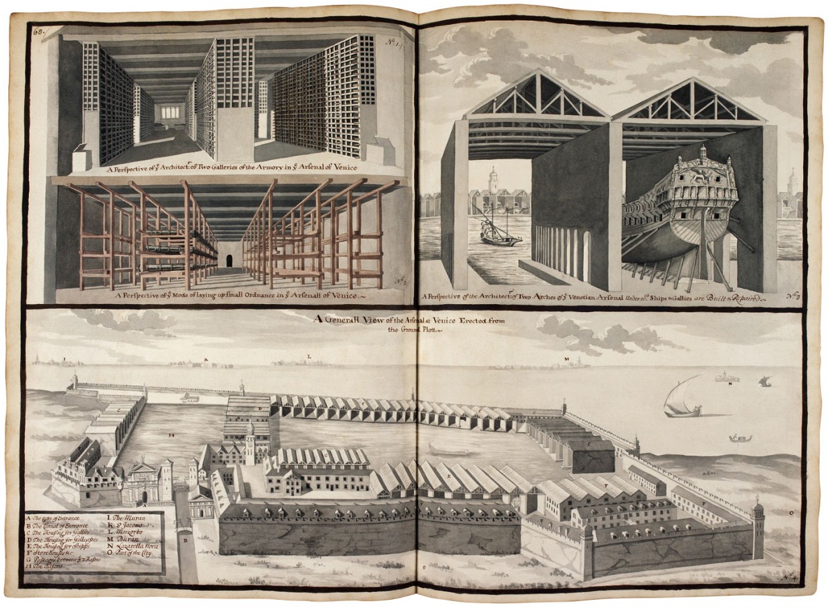 Η απεικόνιση του ναύσταθμου της Βενετίας περιλαμβάνει ένα γενικό σχέδιο διάταξης των χώρων και επιπλέον μικρά προοπτικά σχέδια λεπτομερειών, που δίνουν πληροφορίες για τη μεγαλύτερη ναυτική εγκατάσταση της Μεσογείου, την οποία επισκέφθηκε ο Dummer. ©British Library, King’s MS 40.