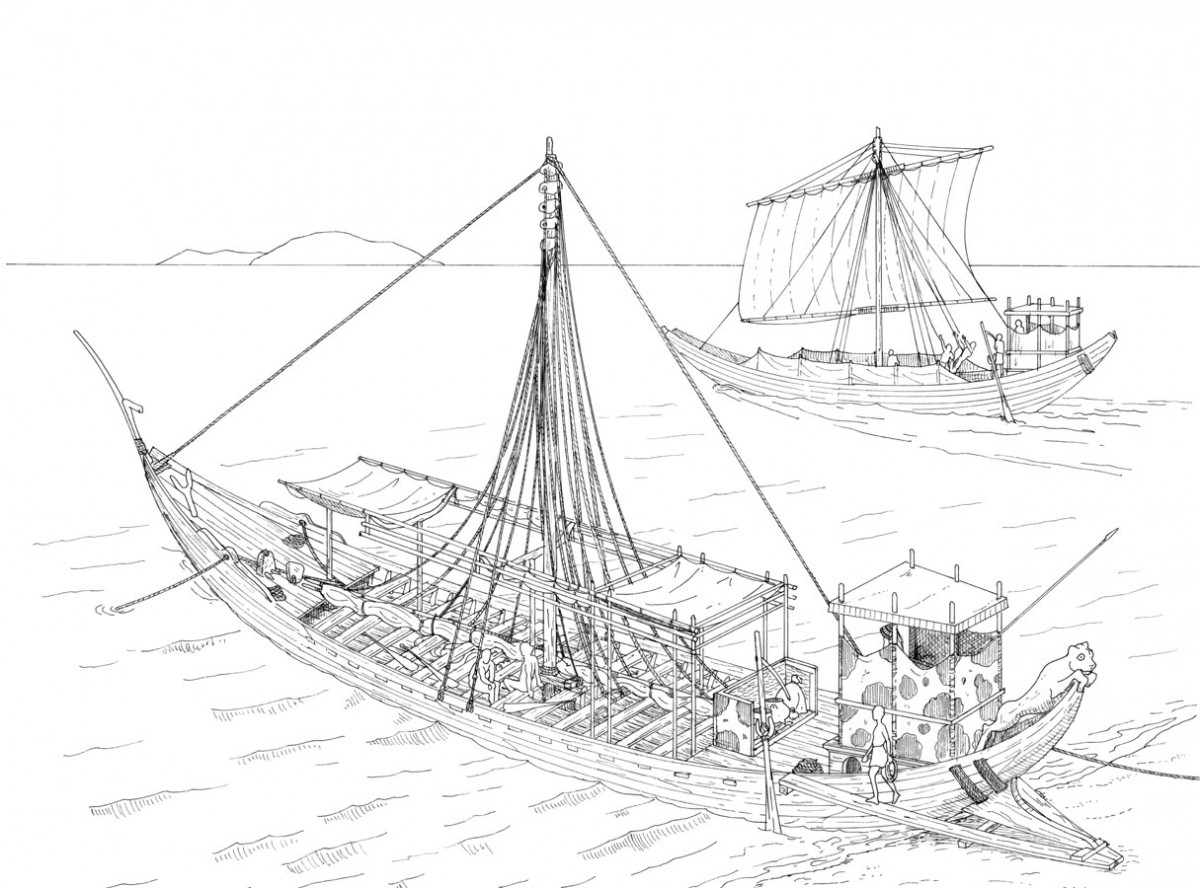 Kαλλιτεχνική απόδοση των πλοίων της μικρογραφικής ζωοφόρου στη Δυτική Οικία στο Ακρωτήρι της Θήρας, στα μέσα της 2ης χιλιετίας π.Χ. ©Polaris εκδόσεις/Γ. Νάκας.