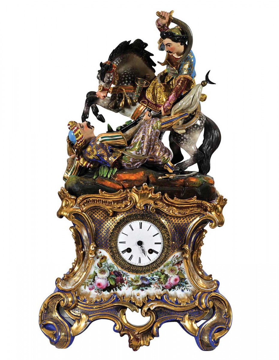 Η μονομαχία του Γκιαούρ και του πασά. Επιτραπέζιο ρολόι από πολύχρωμη πορσελάνη, 1830-40.