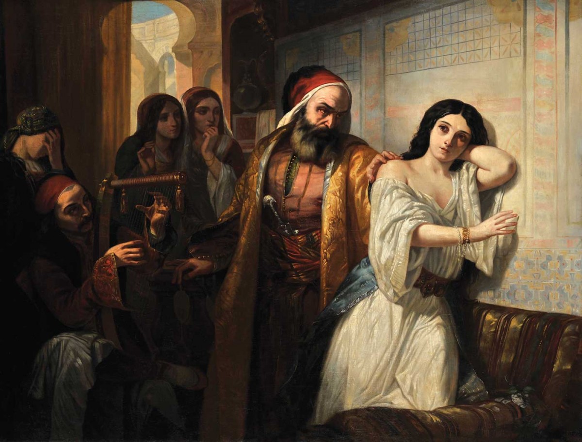 Ελληνίδες σε σκλαβοπάζαρο, S. Η. Benoit Darondeau. Eλαιογραφία σε μουσαμά.