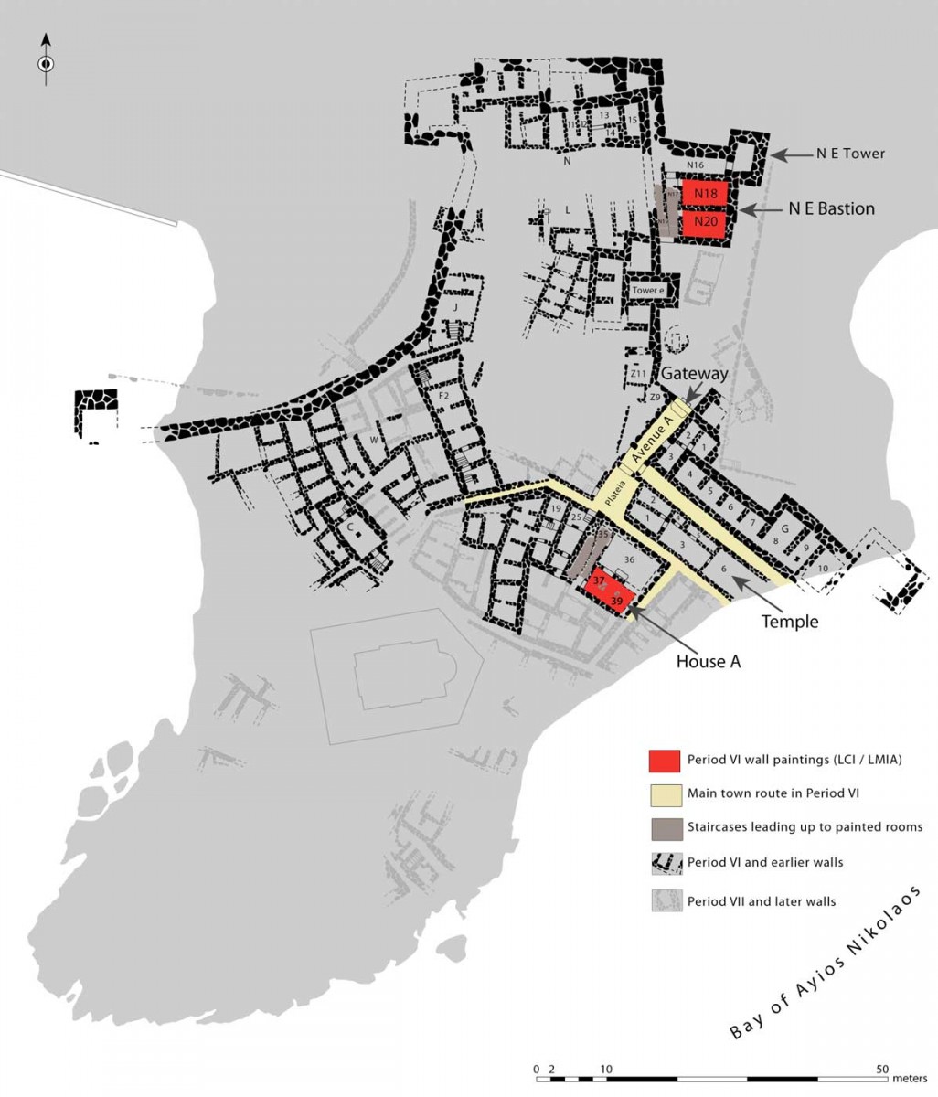 Η Αγία Ειρήνη κατά την περίοδο VI (YK I / YM IA) με τους τοιχογραφημένους χώρους (Διασκευή 
της κάτοψης του οικισμού που δείχνει τους τοίχους στο παρόν στάδιο της στρωματογραφικής έρευνας). 