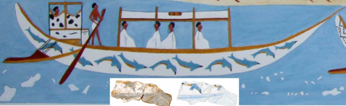 Οπτικοποίηση ενός από τα πλοία και θραύσμα που εικονίζει τμήμα πλοίου διακοσμημένου 
με δελφίνια καθώς και το σχέδιο μελέτης του. 