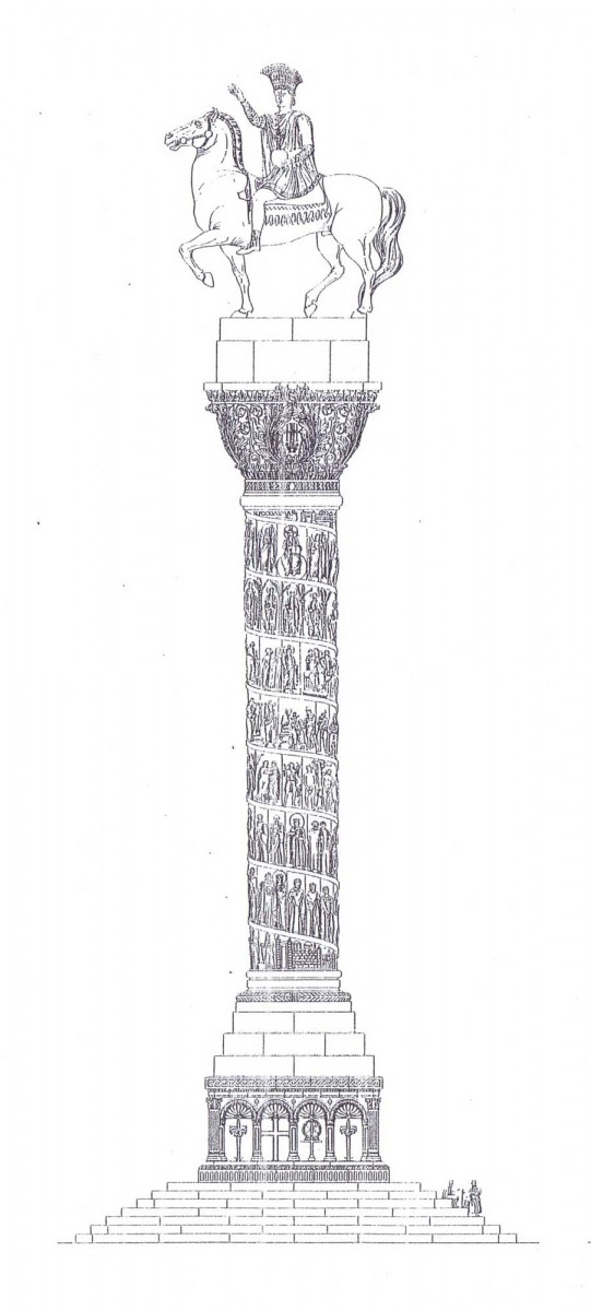 Ο ανδριάντας του Ιουστινιανού στην Κωνσταντινούπολη ιδρυμένος πάνω σε κίονα (ύψ. 50 μ.). Αναπαράσταση C. Gurlitt.