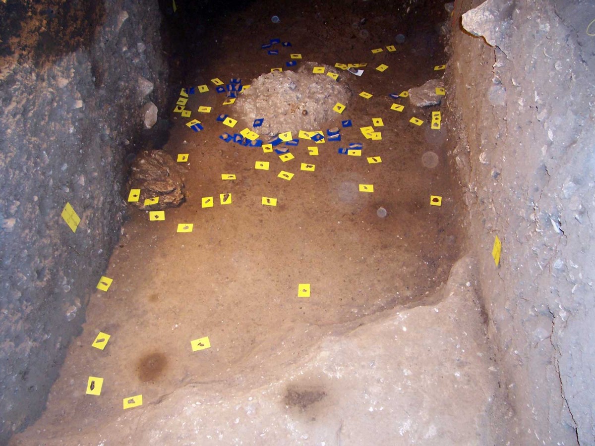 Εικ. 34. Σκάμμα Λ10-Μ10, εκτός περιοχής διαγένεσης, κοντά στα ανατολικά τοιχώματα κατά την ανασκαφή. Πάνω σε μπλε καρτελάκια διακρίνονται τα ευρεθέντα οστά και σε κίτρινα τα λίθινα εργαλεία.