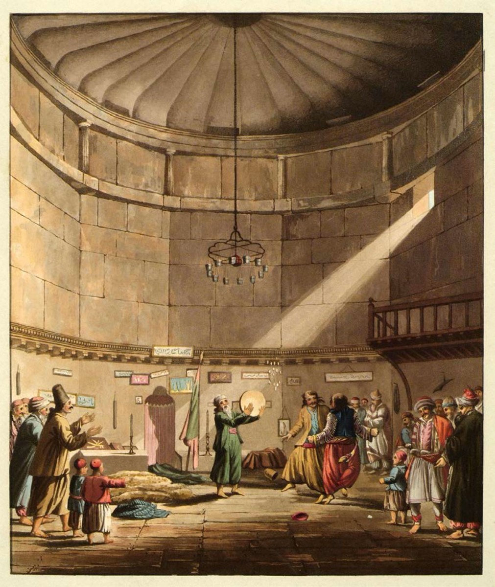 Ο χορός των δερβίσηδων στον πύργο των Ανέμων. Επιχρωματισμένη χαλκογραφία του Edward Dodwell από το βιβλίο του «Views in Greece» (Λονδίνο, 1819).
