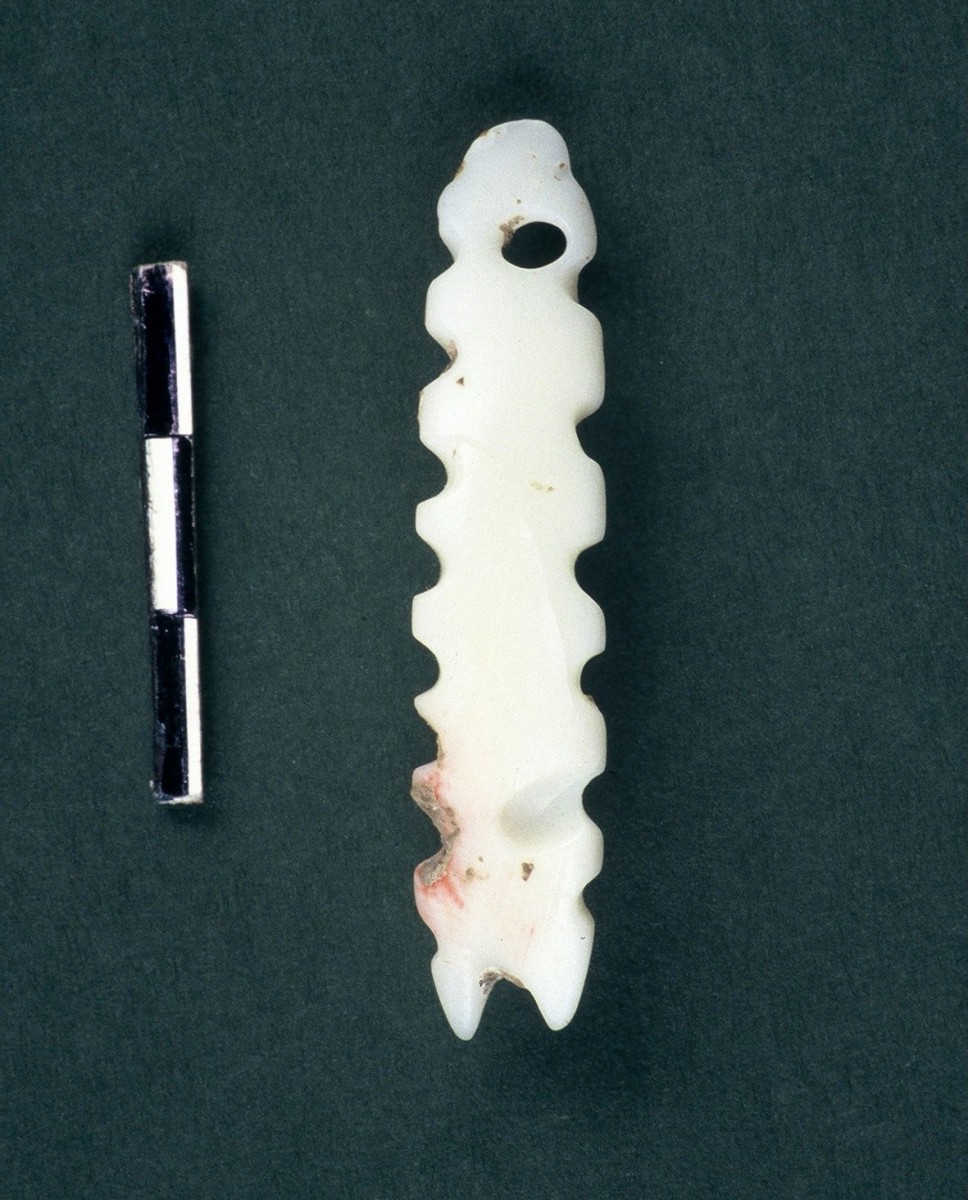 Εικ. 44. Επίμηκες οδοντωτό κόσμημα με οπή ανάρτησης φτιαγμένο από όστρεο Spondylus gaederopus.