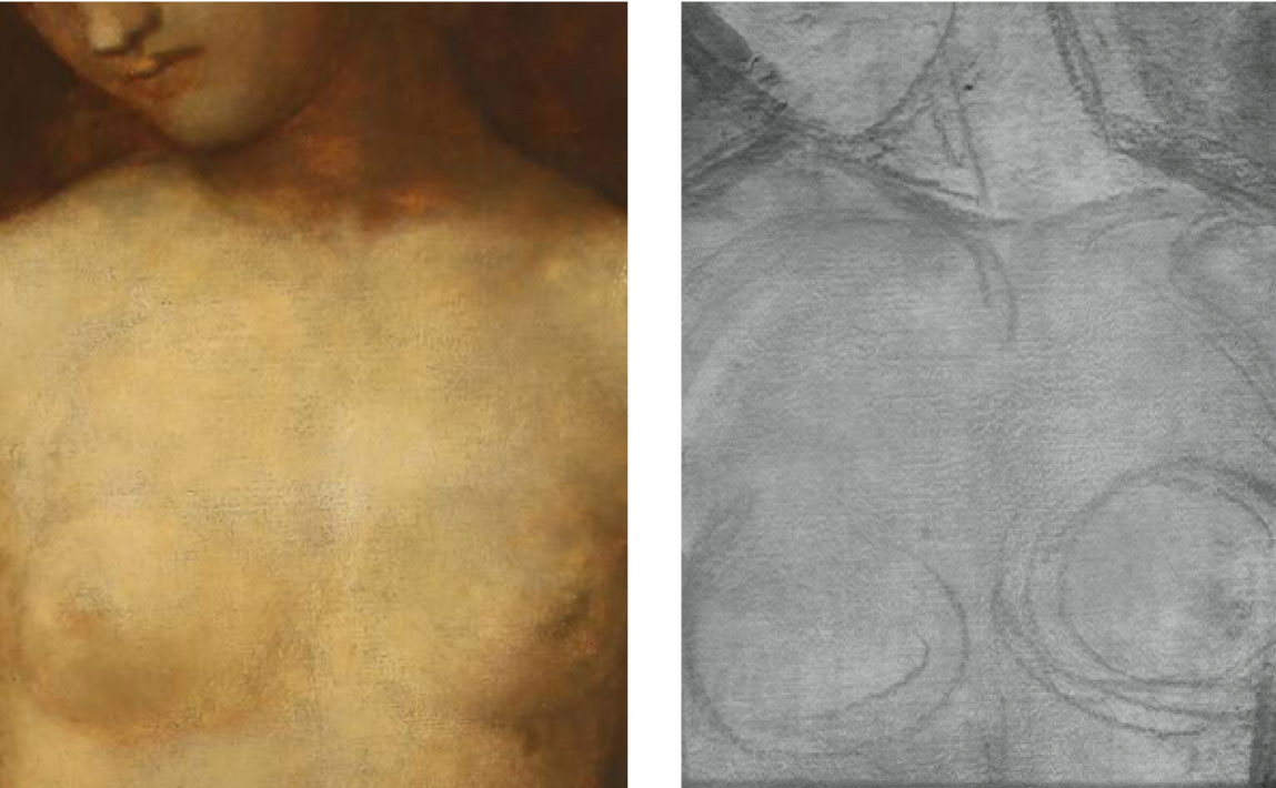 Εικ. 6. Λεπτομέρεια, από ζωγραφικό πίνακα του F. Watts. Αριστερά: Απεικόνιση υπό συμμετρικό ανακλώμενο φωτισμό στο ορατό. Δεξιά: Η εικόνα της διερχόμενης υπέρυθρης ακτινοβολίας αποτυπώνει ένα λεπτομερέστατο, αυθόρμητo και υψηλής ποιότητας προσχέδιο.(Πηγή: http://www.nationalgallery.gr:8080/conservation/Exhibition.aspx?menuID=124&cul=)