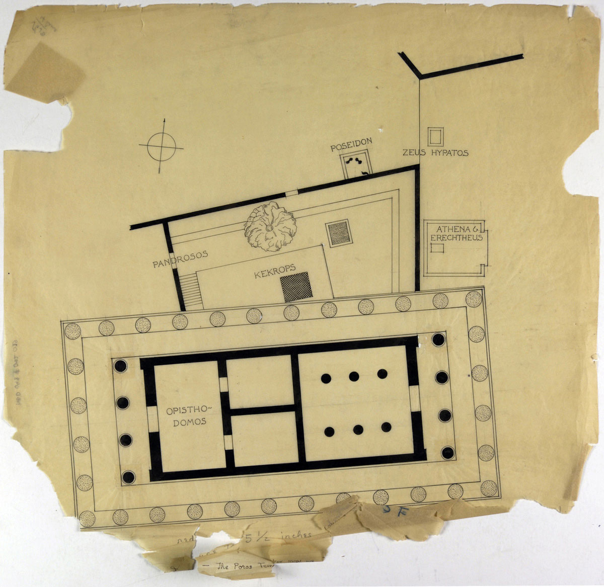 Εικ. 11. Αρχιτεκτονικό σχέδιο (1930-1940) του William Bell Dinsmoor, το οποίο ανήκει στην Αμερικανική Σχολή Κλασικών Σπουδών. Πριν από την ολοκλήρωση των εργασιών συντήρησης (φωτ. Μουσείο Μπενάκη).