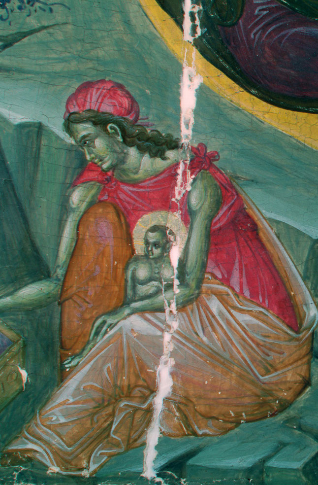 Εικ. 33. Λεπτομέρεια από την εικόνας της Γέννησης (αρ. ευρ. 48714), α΄ τέταρτο του 15ου αιώνα. Ψευδοχρώματα υπερύθρου για τον προσδιορισμό της σύστασης των επιφανειακών χρωματικών στρωμάτων (φωτ. Μουσείο Μπενάκη).