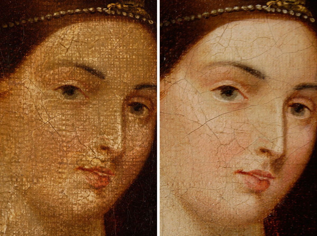 Εικ. 16. Λεπτομέρεια από ελαιογραφία με θέμα την προσωπογραφία της βασίλισσας Βικτωρίας (αρ. ευρ. 43845). Πριν και μετά την αφαίρεση του βερνικιού (φωτ. Μουσείο Μπενάκη).