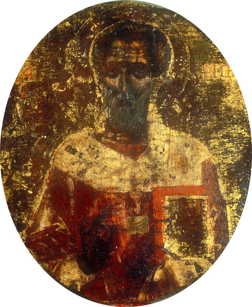 Εικ. 19. Εικόνα που προέρχεται από τη συλλογή Αβέρωφ. Η αρχική εικόνα του αγίου Νικολάου είχε επιζωγραφιστεί στο σύνολό της από νεότερη εικόνα του προφήτη Δανιήλ. Η ύπαρξη της αρχικής εικόνας διαπιστώθηκε με τη χρήση ακτίνων Χ. Αποφασίστηκε ο διαχωρισμός των εικόνων και η αποκάλυψη της αρχικής εικόνας (φωτ. Μουσείο Μπενάκη).