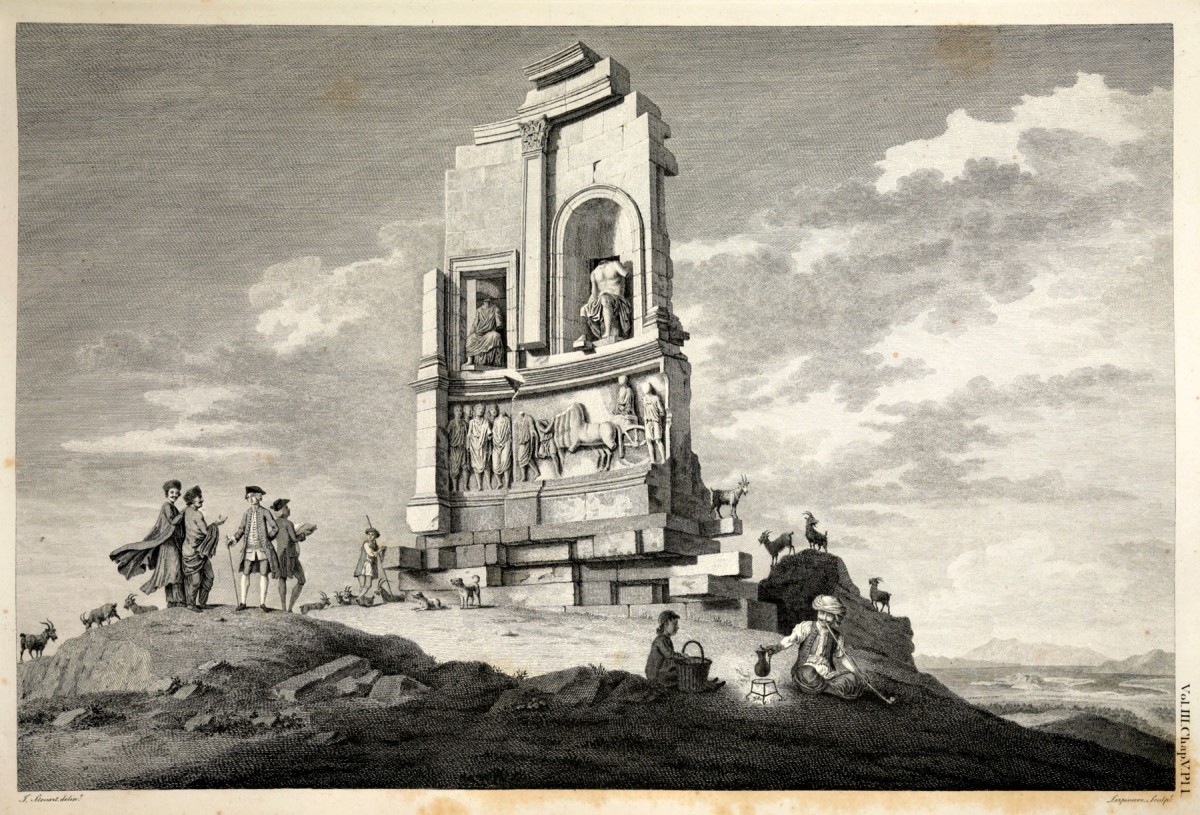 Το μνημείο του Φιλοπάππου (με πλανόδιο καφετζή). James Stuart (1713-1788) and Nicholas Revett (1720-1804), «The antiquities of Athens measured and delineated by James Stuart ... and Nicholas Revett», London: Printed by J. Haberkorn, 1762-1816, III, Chapt. V (φωτ. Γεννάδειος Βιβλιοθήκη).