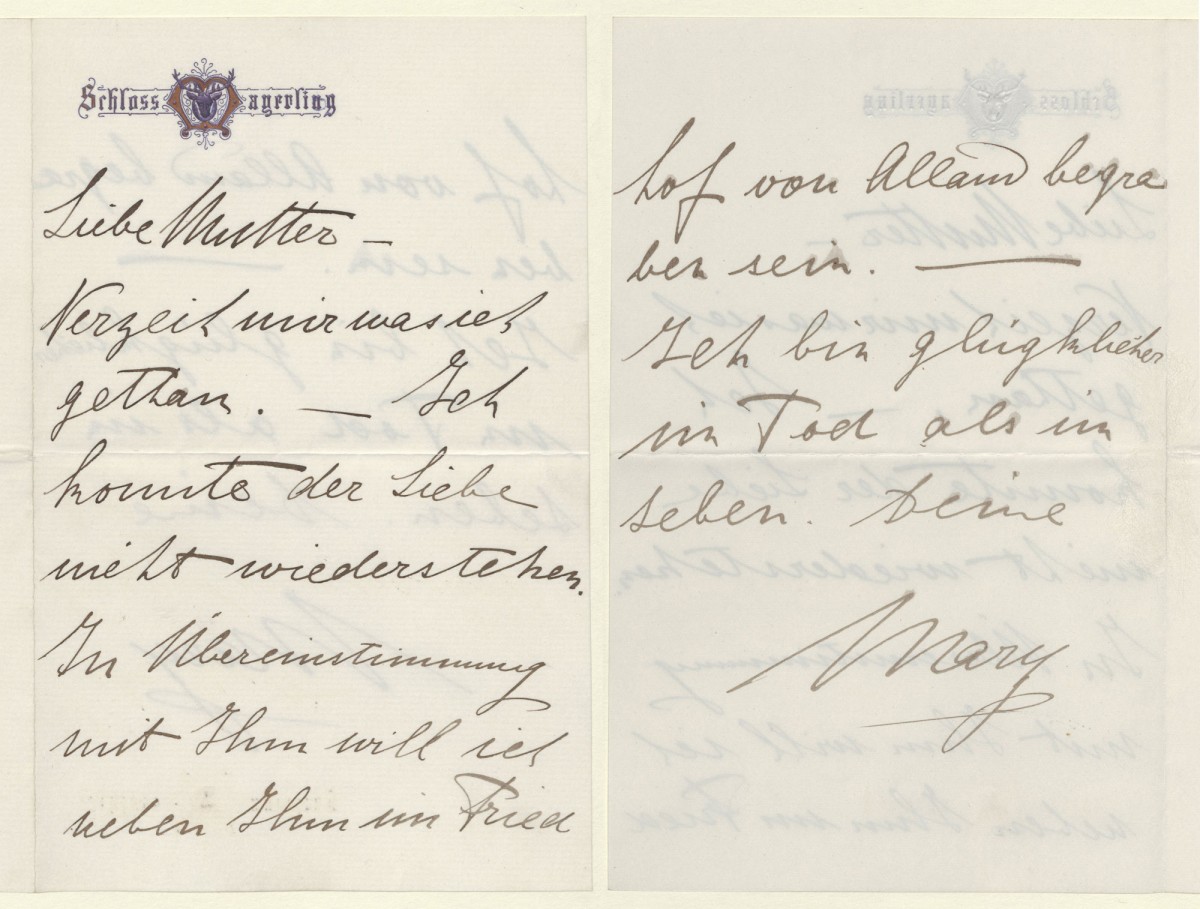 «Αγαπητή Μητέρα/Συγχώρησε αυτό που κάνω/Δεν μπόρεσα να αντισταθώ στον έρωτα/Σε συμφωνία μαζί Του, θέλω να ταφώ στο πλευρό του στο κοιμητήριο του Άλαντ/Είμαι πιο ευτυχισμένη στον θάνατο απ' ό,τι στη ζωή», γράφει η νεαρή γυναίκα σε μια επιστολή προς τη μητέρα της.