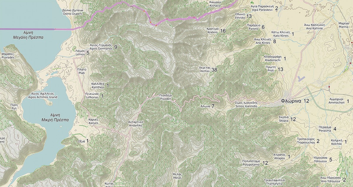 Εικ. 2. Χάρτης της περιοχής Φλώρινας-Πρεσπών με την οροσειρά του Βαρνούντα, όπου σημειώνεται ο αριθμός των μύλων ανά οικισμό. (πηγή υπόβαθρου: http://www.openstreetmap.org, επεξεργασία: συγγραφείς)