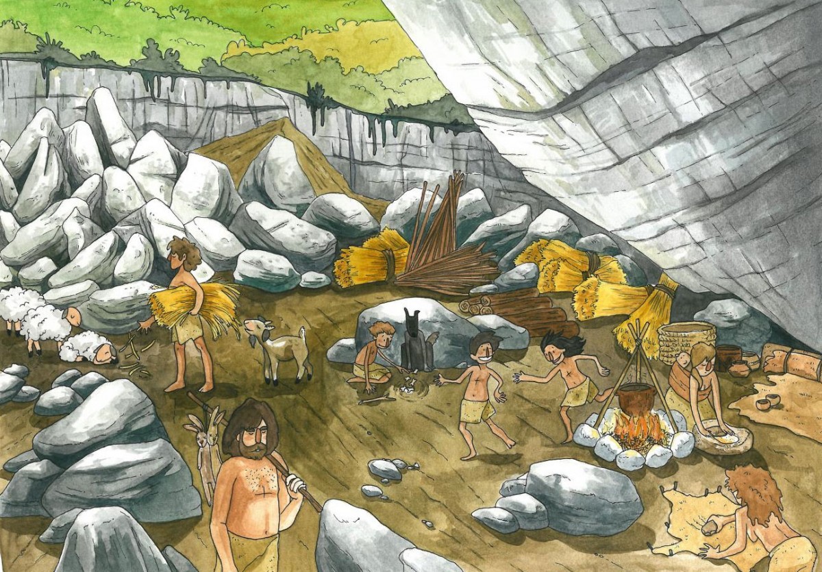 Καλλιτεχνική απεικόνιση της καθημερινής ζωής στο σπήλαιο Ελ Πορταγιόν κατά τη διάρκεια της Νεολιθικής Εποχής και της Εποχής του Χαλκού (σχέδιο: María de la Fuente).