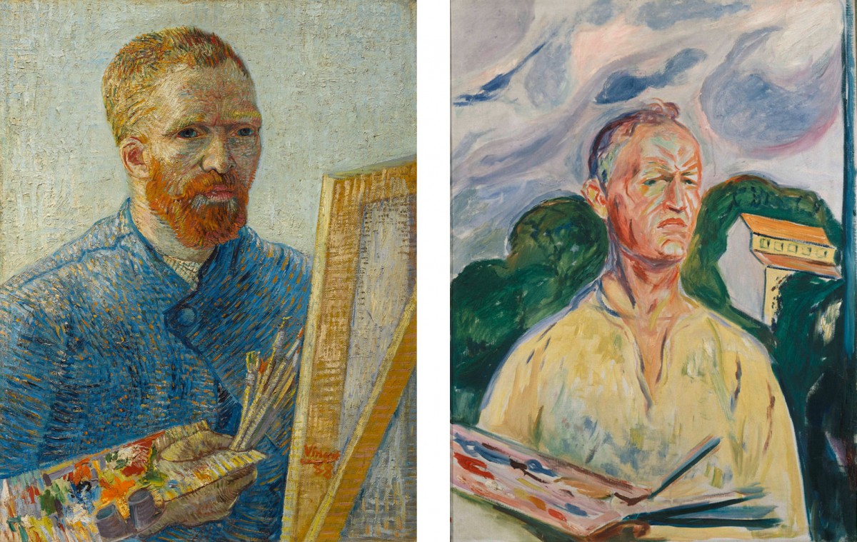Αριστερά: Βίνσεντ Βαν Γκογκ, Αυτοπροσωπογραφία, 1887-1888. Van Gogh Museum, Amsterdam (Vincent van Gogh Foundation). Δεξιά: Έντβαρντ Μουνκ, Αυτοπροσωπογραφία, 1926. Ιδιωτική συλλογή.