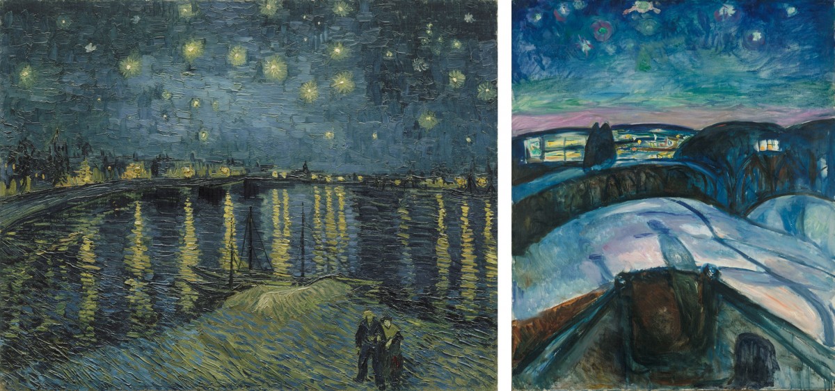 Αριστερά: Βίνσεντ Βαν Γκογκ, «Έναστρη Νύχτα στον Ροδανό», 1888. Musée d’Orsay, Παρίσι. Δωρεά του ζεύγους Robert Kahn-Sriber, στη μνήμη του ζεύγους Fernand Moch, 1975. Δεξιά: Έντβαρντ Μουνκ, «Έναστρη Νύχτα», 1922. Munch Museum, Όσλο.