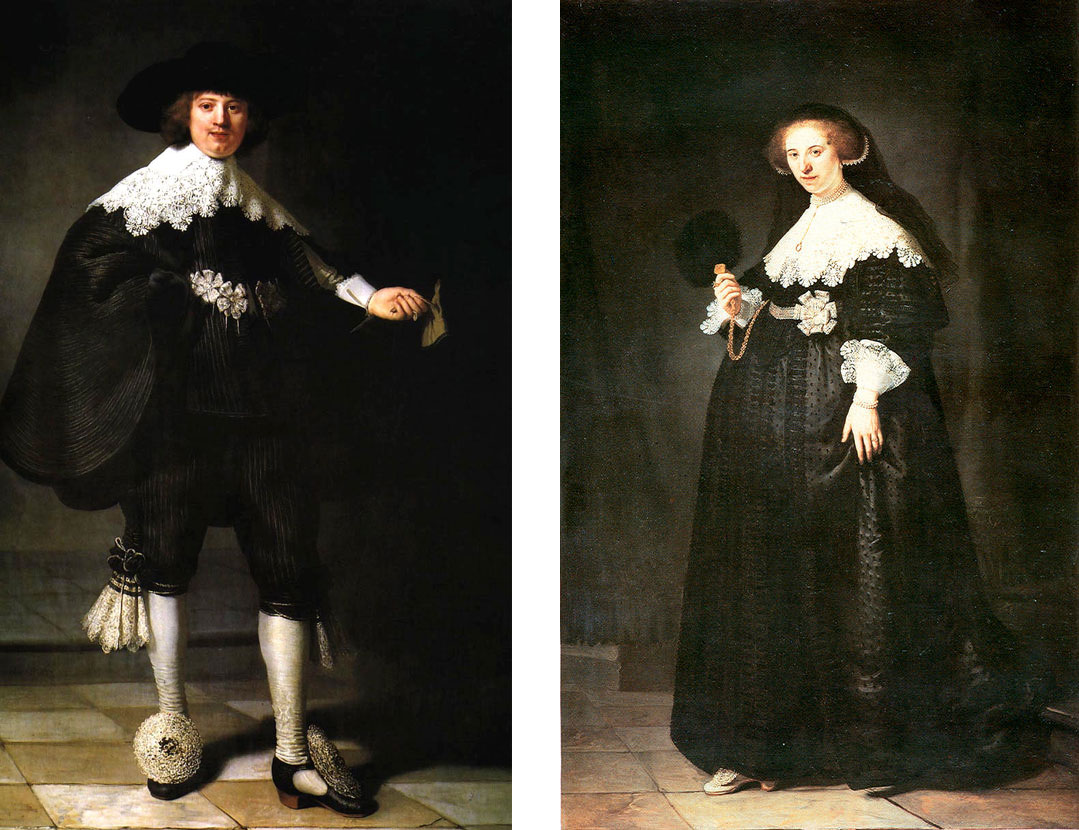 Οι δύο πίνακες του Ρέμπραντ. Αριστερά: «Πορτρέτο του Μάρτεν Σούλμανς». Δεξιά: «Πορτρέτο της Όπγιεν Κόπιτ», 1634. Ιδιωτική Συλλογή.